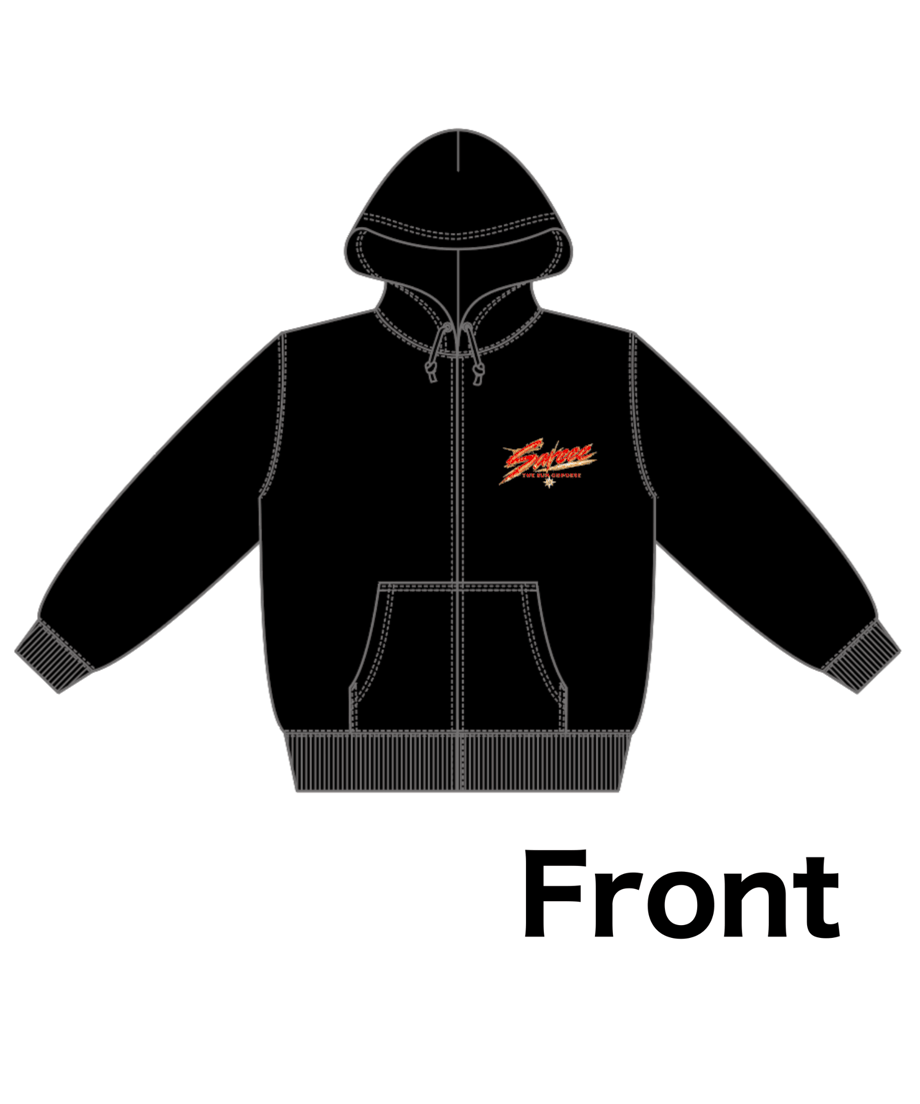 Front view illustration of the Sareee black zip hoodie showing a small chest graphic, kangaroo pocket, and hood.