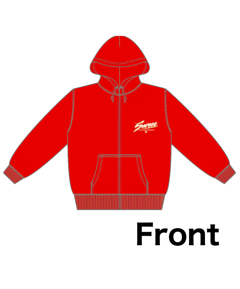 Front-view illustration of a red zip-up hooded jacket showing a left-chest "Sareee" logo and a front kangaroo pocket.