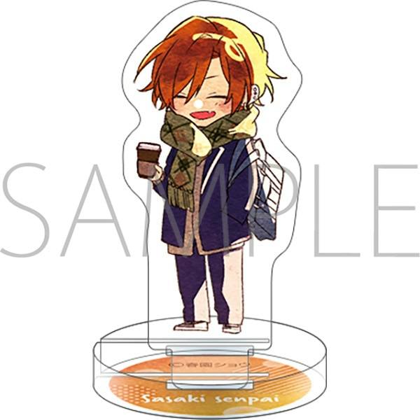 A miniature acrylic stand showing a chibi-style Sasaki character holding a cup on a round base.