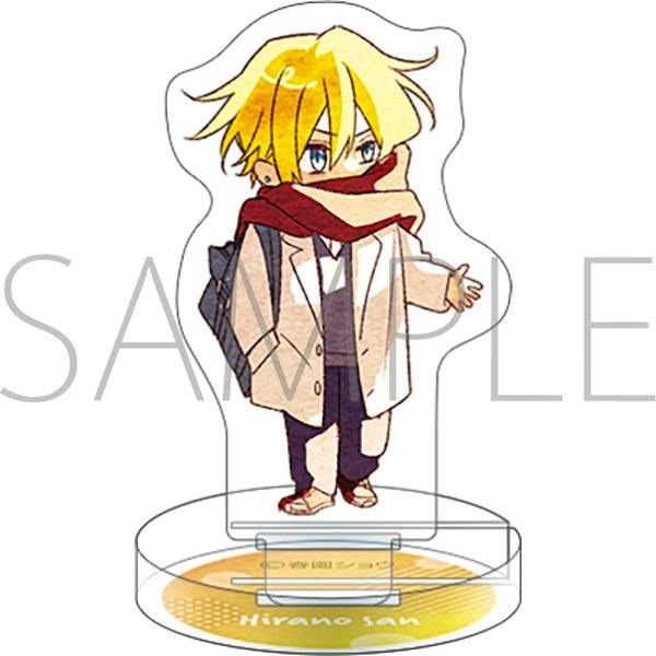 Miniature acrylic stand showing the Hirano Taiga character (blond hair, wearing a scarf) on a clear round base.