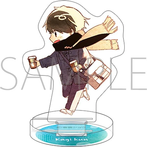 Acrylic miniature decorative stand featuring a chibi character holding two drinks attached to a round display base.