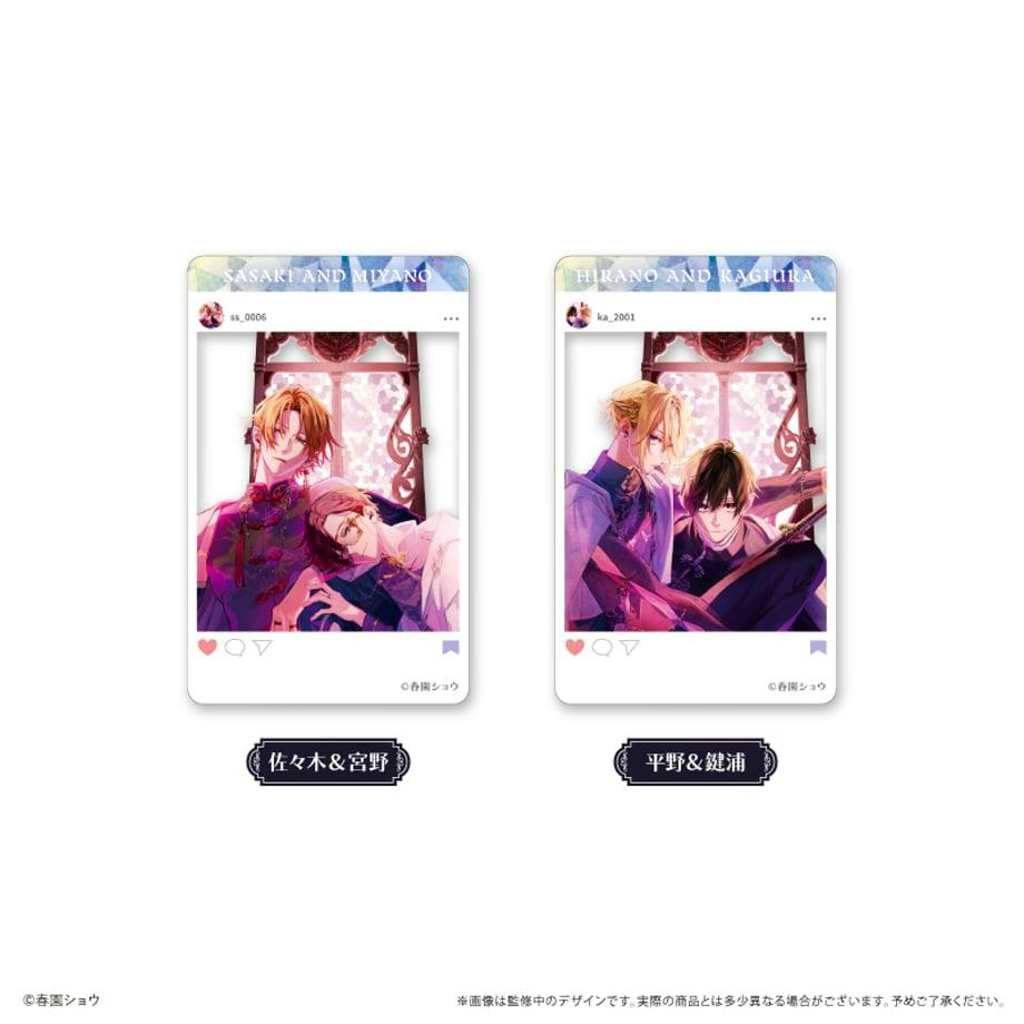 Two SNS-style clear photocard mockups are shown, with the left card depicting Sasaki and Miyano in the Dark China design.