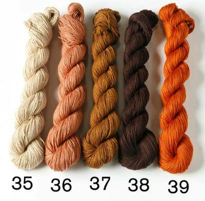 Five skeins of sashiko cotton thread in brown tones numbered 35–39 displayed on a white background.