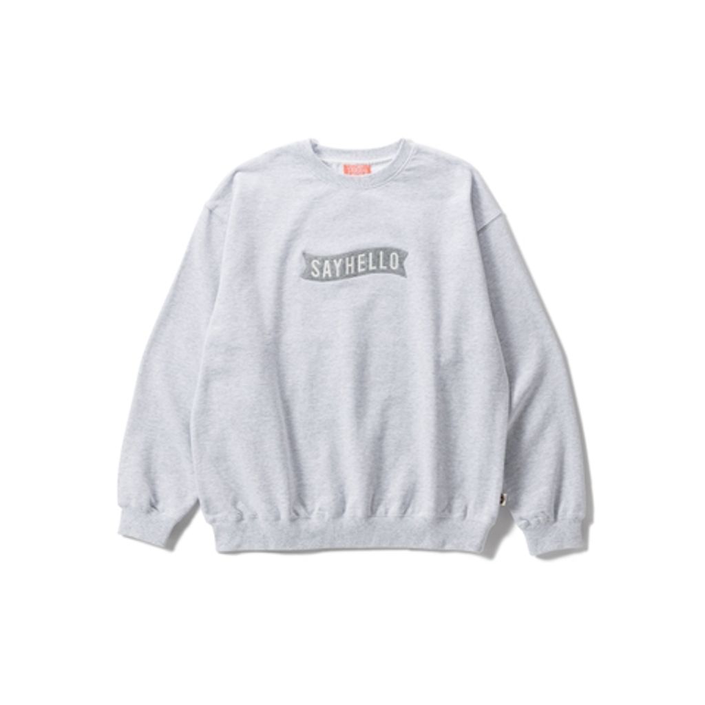 Light gray SAYHELLO crew sweatshirt with a logo patch on the chest laid flat on a white background.