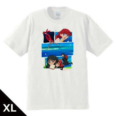 Front view of a white men's cotton T-shirt printed with the anime key visual, shown labeled XL.