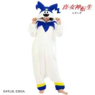 Model wearing a white Jack Frost kigurumi pajama with a blue hood and collar and yellow-striped ankle cuffs.