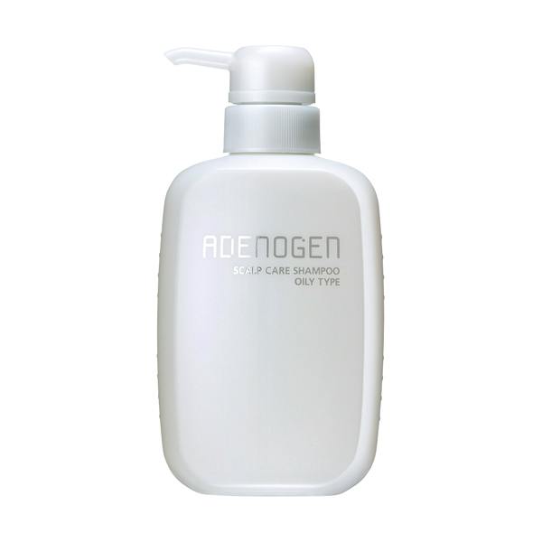White pump bottle of ADENOGEN scalp care shampoo (oily type) on a white background.