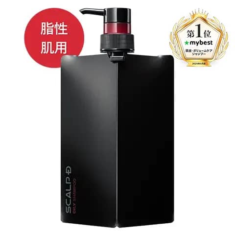 Black refill-style pouch with a pump dispenser showing the Scalp D medicated scalp shampoo for oily skin.