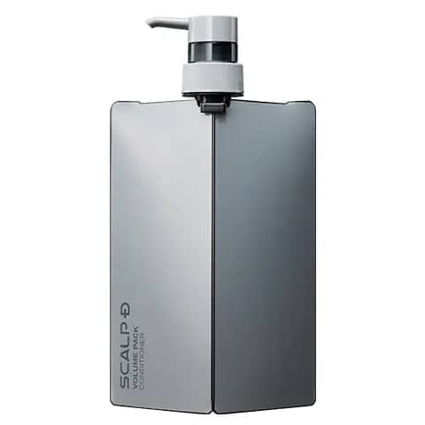 Gray rectangular pump dispenser labeled SCALP D for the conditioner against a white background.