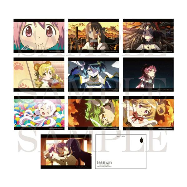 Photo of ten illustrated scene postcards arranged in a grid showing anime-style scenes and a sample postcard back.