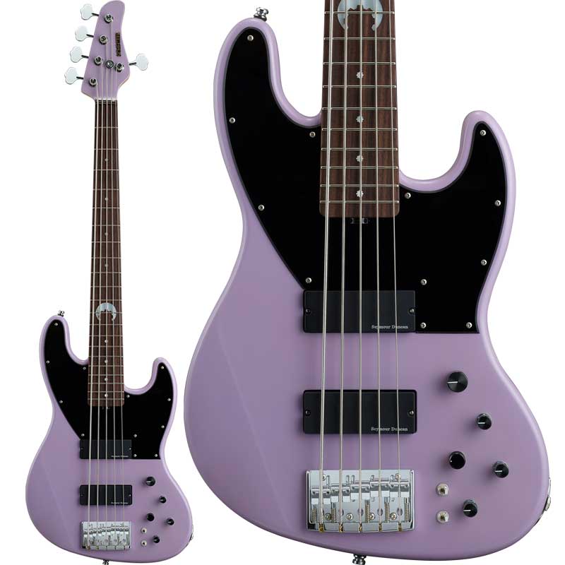 Front view of a lavender five-string electric bass guitar with a black pickguard, two pickups, control knobs, and a chrome bridge.