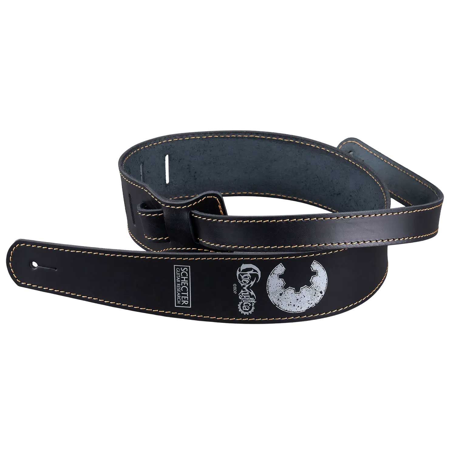 Black leather guitar strap with white contrast stitching and printed graphics and logos displayed coiled on a white background.