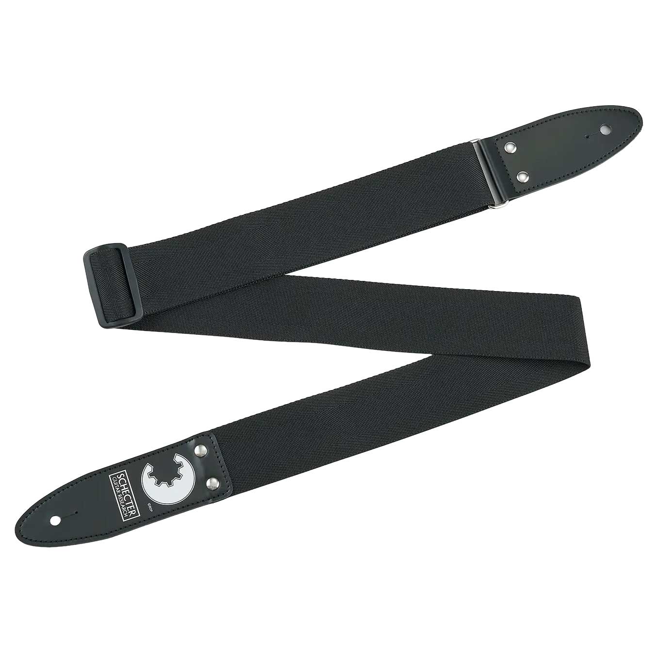 Black nylon guitar strap with leather ends and a Schecter logo patch.