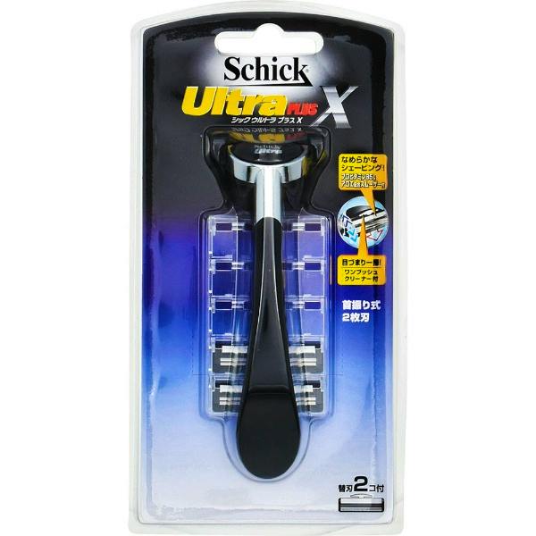 Blister-packaged Schick Ultra Plus X razor holder with two replacement blades visible.