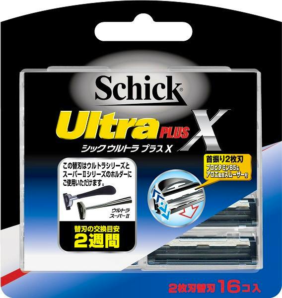 Front of Schick Ultra Plus X replacement razor blade package showing the 16-count retail packaging.