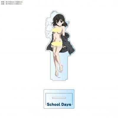Acrylic display stand showing an anime girl in a yellow swimsuit and dark coat with a rectangular base labeled "School Days".
