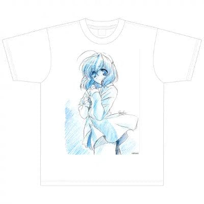 White T-shirt mockup showing a blue-toned illustration of the character 西園寺世界 on the front.