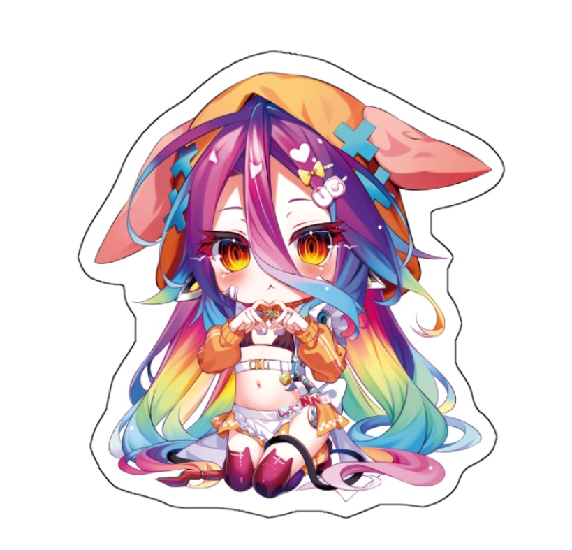 A colorful chibi-style acrylic keychain depicting a rainbow-haired character with animal ears making a heart gesture.