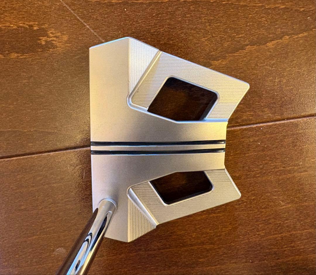 Scotty Cameron Phantom 9 putter head with part of the shaft resting on a wooden surface, photographed from above.