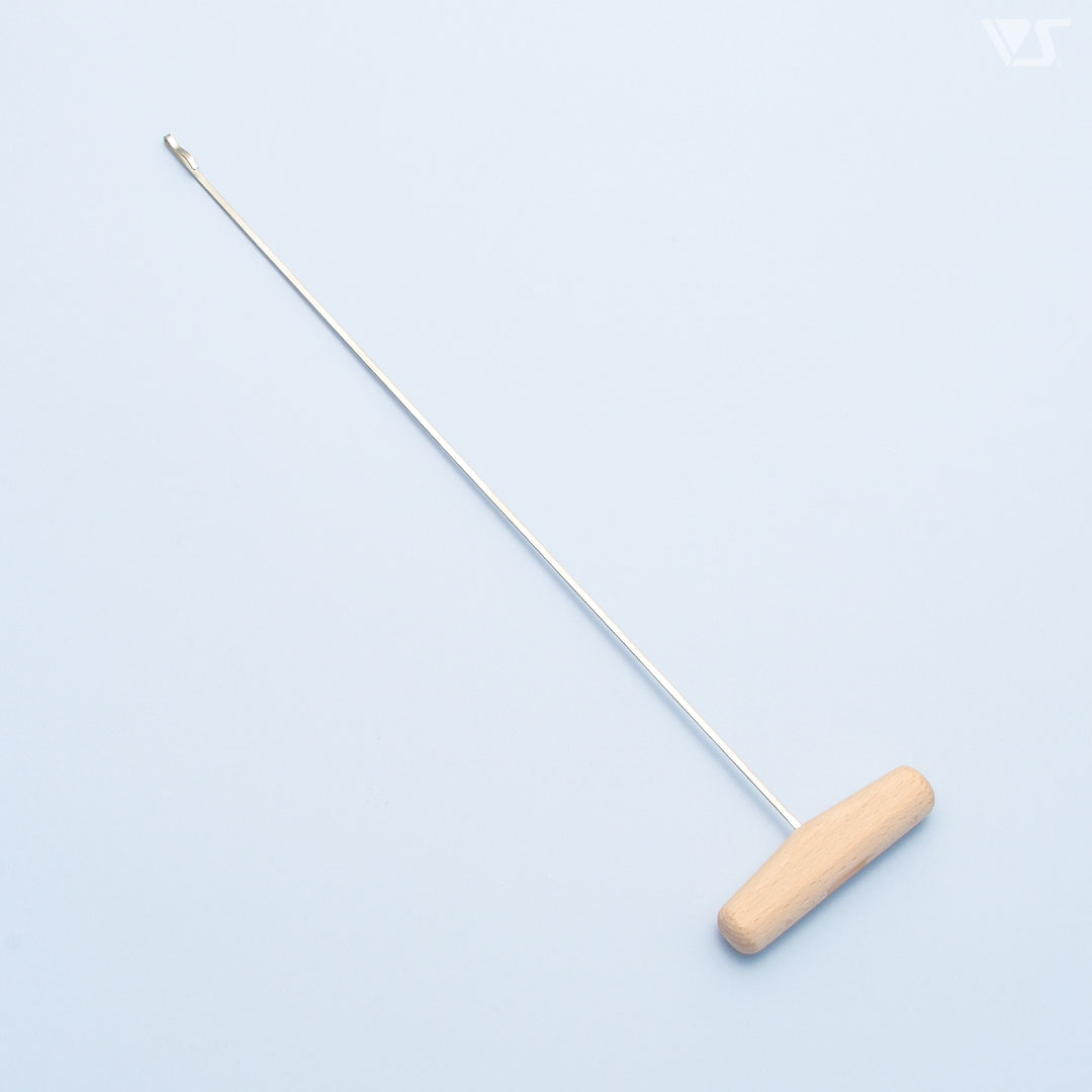 A needle threader for SD with a thin metal rod ending in a small hook and a wooden T-shaped handle.