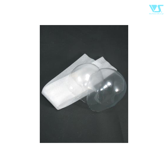 Two clear plastic face-cover domes and a white fabric pad from the face cover set on a black background.