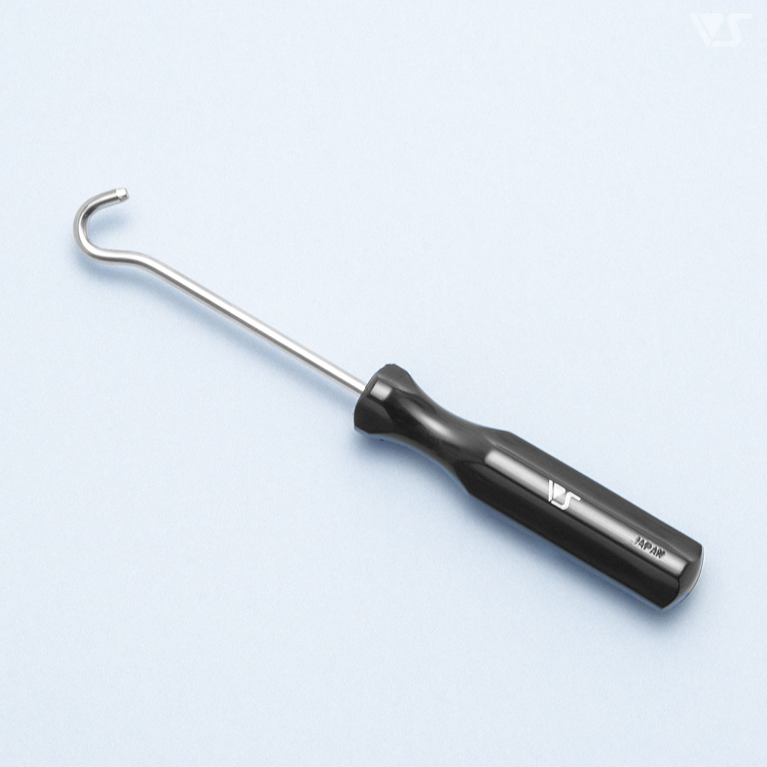 Hooked metal rod tool with a black plastic handle for SD head rubber pulling.
