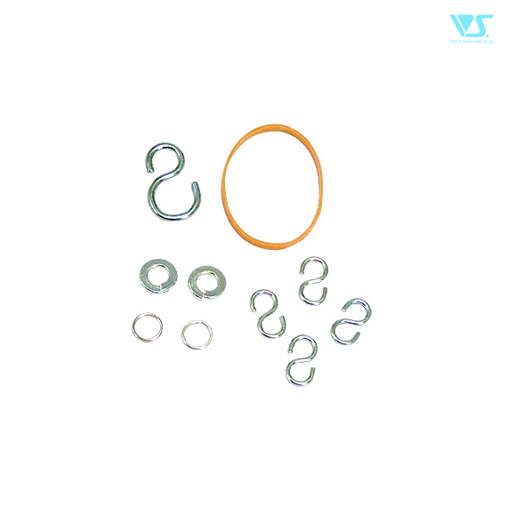 A set of metal hardware parts (S-hooks, washers, split rings) and an orange rubber band on a white background.