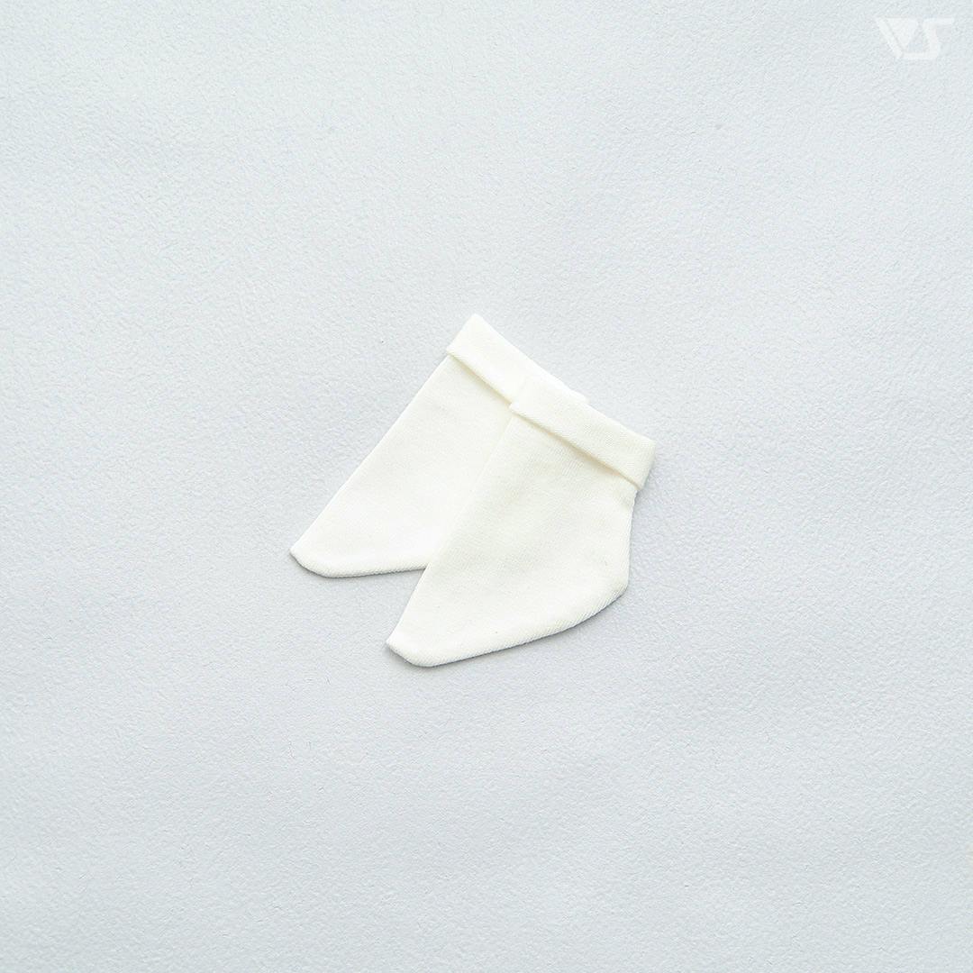 A pair of white folded mini three-fold doll socks shown flat on a light background.