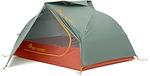 Sea to Summit ICOS TR2 tent in laurel wreath color set up with the door open revealing the orange floor.