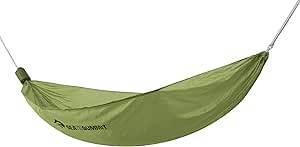 Olive nylon single hammock suspended between two attachment points.
