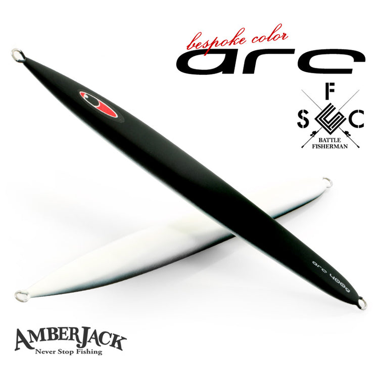 Two metal fishing lures (jigs), one matte black and one silver, crossed on a white background with brand logos.