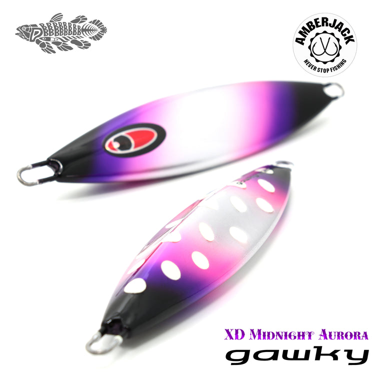 Two Seafloor Control Gawky fishing lures (XD Midnight Aurora) with a purple-to-black gradient and white dot pattern on a white background.
