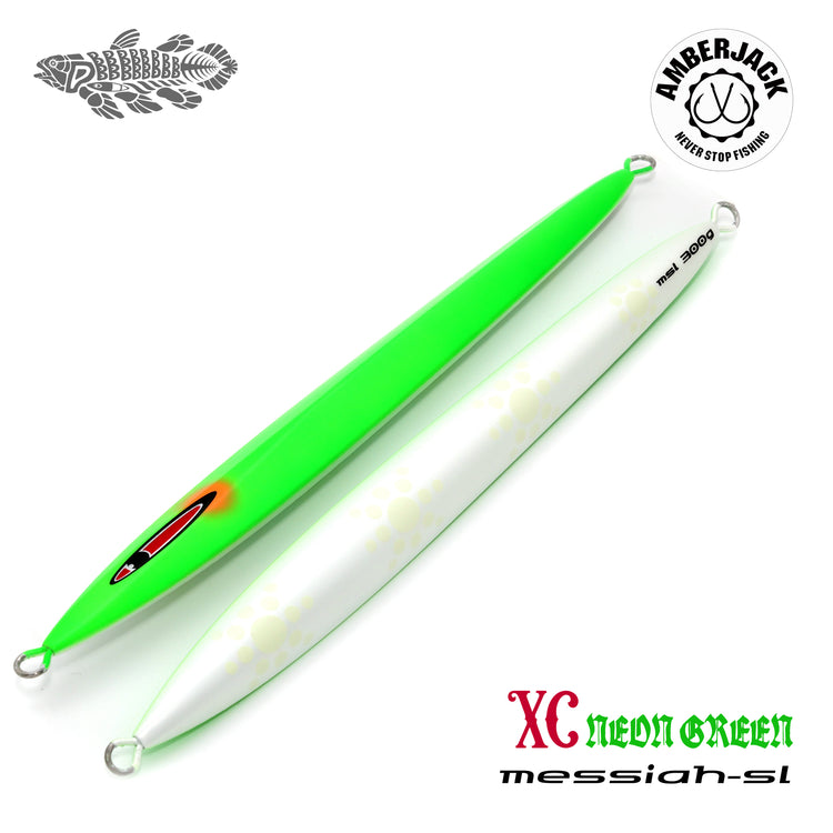 Two neon green-and-white Seafloor Control Messiah Semi Long fishing jigs shown side by side on a white background.