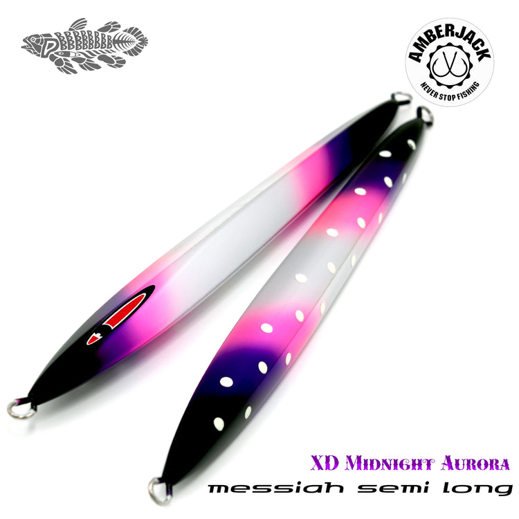 Two Messiah Semi Long fishing lures in XD Midnight Aurora colors (purple‑pink‑black gradient with white dot accents) shown on a white background.