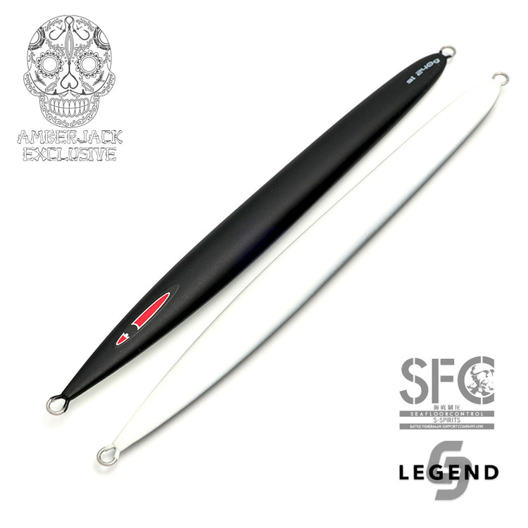 Two Seafloor Control S-LEGEND fishing lures, one matte black and one white, shown side by side on a white background.