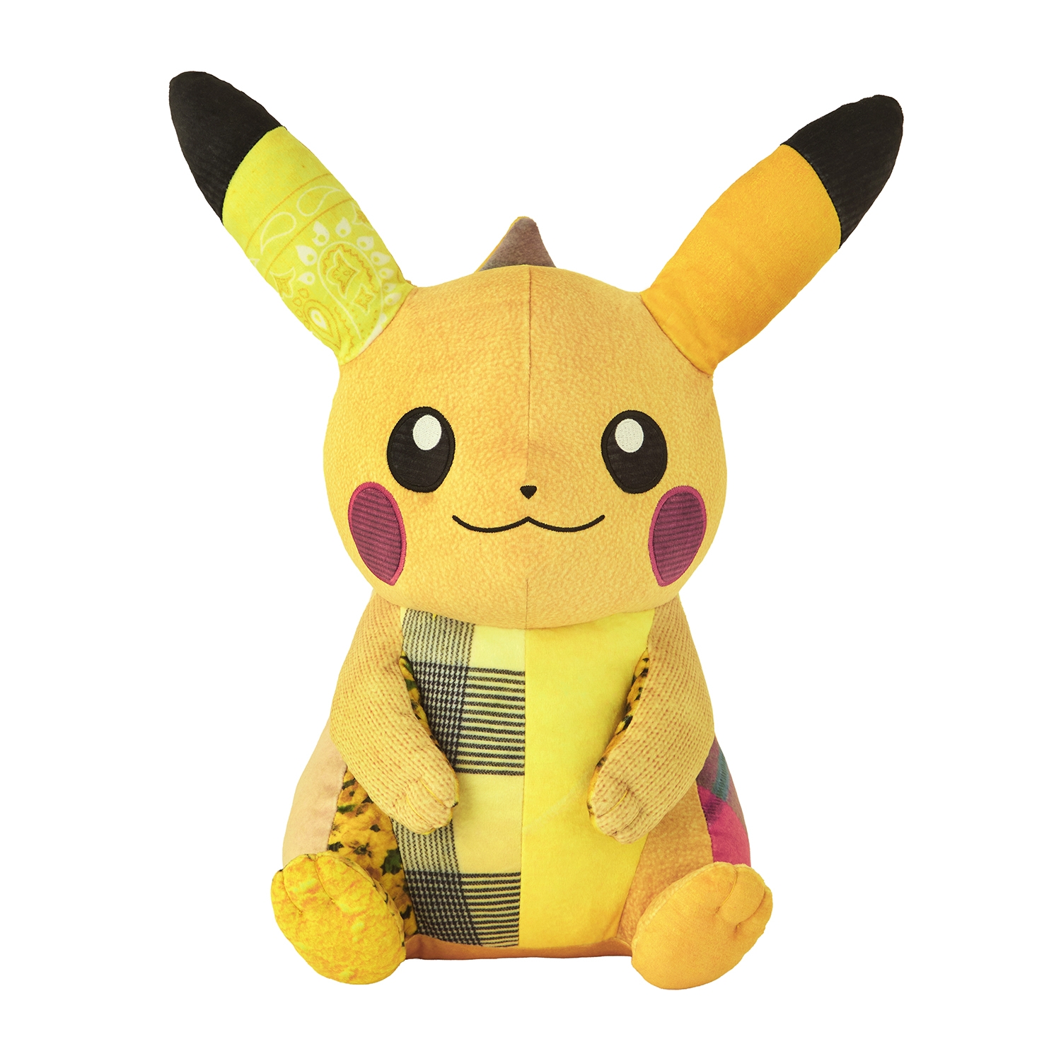 Front view of a Sean Wotherspoon × Pokémon Center Pikachu plush toy with patchwork patterned fabric.
