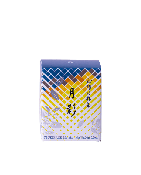 Front view of the boxed 20g Tsukikage matcha green tea showing its patterned packaging.