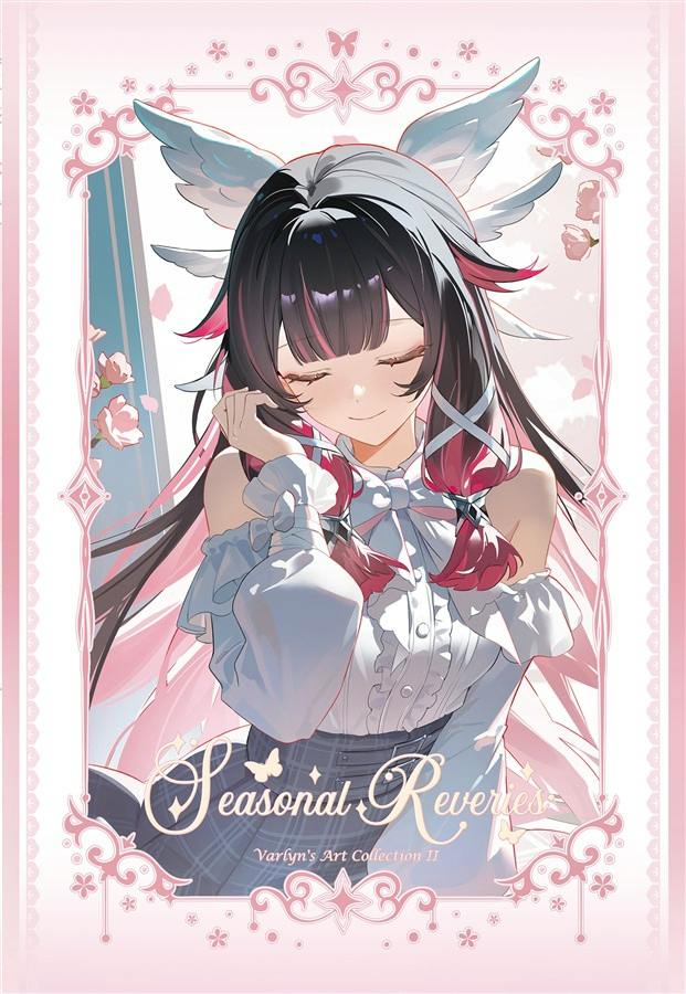 Cover of the illustration book "Seasonal Reveries" showing an anime-style girl with black and pink hair and wing-like accessories, wearing a white blouse and framed by a pink decorative border with the title visible.