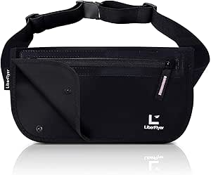 Black security pouch showing two pockets, a zipper, a logo, and an adjustable waist strap.