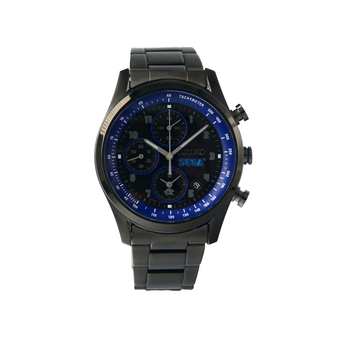 Front view of the SEGA 65th Anniversary SEIKO Collaboration Model Black watch with black metal bracelet and a blue-accented dial.