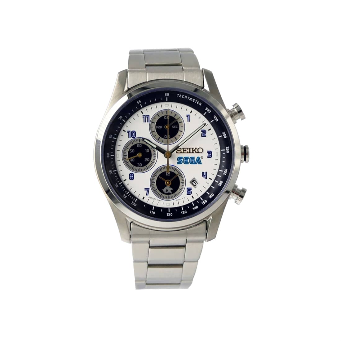 Front view of a silver SEIKO SEGA collaboration wristwatch with metal bracelet, white dial, and three chronograph subdials.