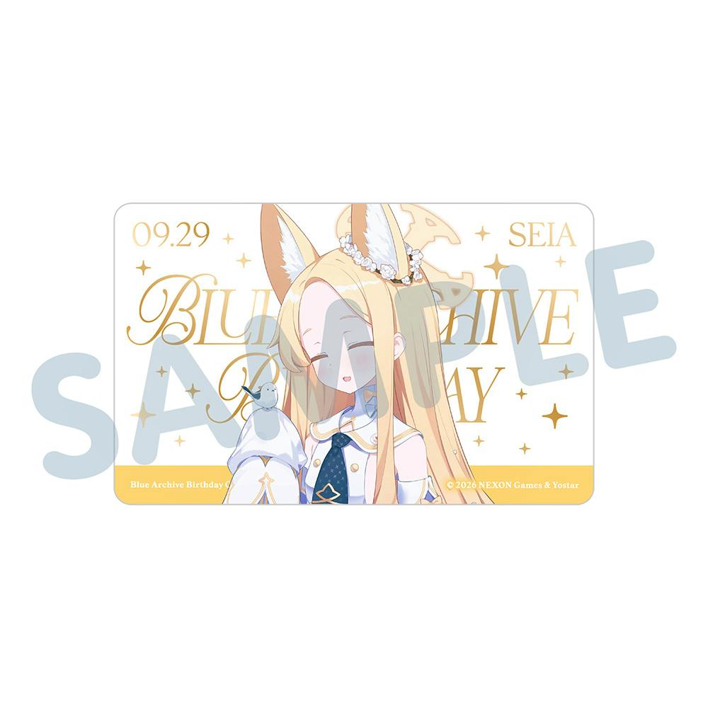 Front of the birthday message card showing Seia, a blonde fox-eared character with closed eyes and a small bird, gold “BIRTHDAY” lettering and a SAMPLE watermark.