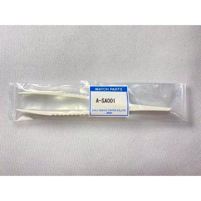 A pair of white plastic watch tweezers in a sealed clear plastic bag labeled "A-SA001" on a light background.