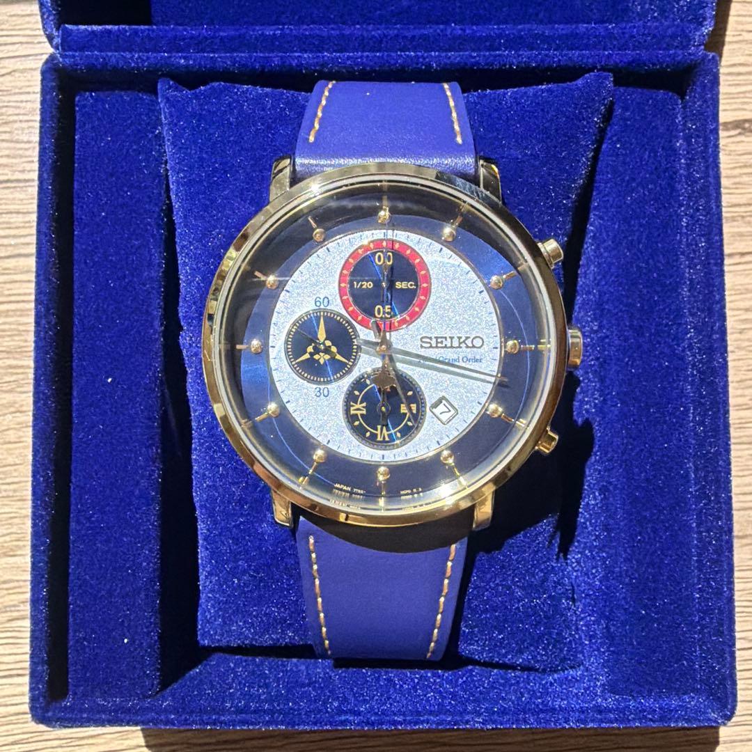 Top-down photo of the SEIKO wristwatch with a blue strap and gold-tone metal case displayed in a blue velvet box.
