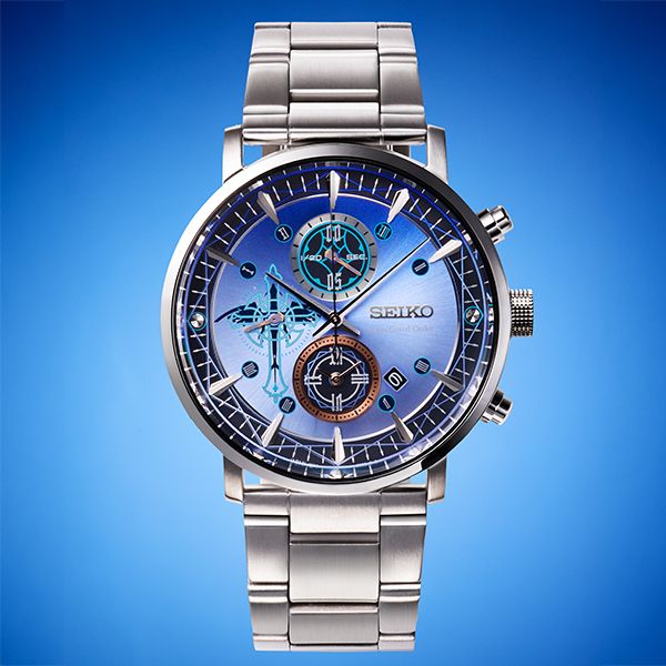 Front view of the SEIKO × Fate/Grand Order Lancer／メリュジーヌ model watch with silver metal bracelet and blue decorative dial.
