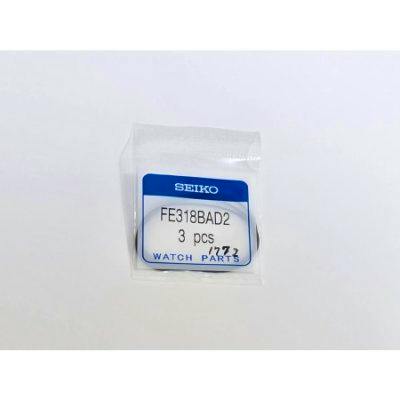 Clear plastic package labeled SEIKO containing three watch case back gaskets (O-rings) with label FE318BAD2.