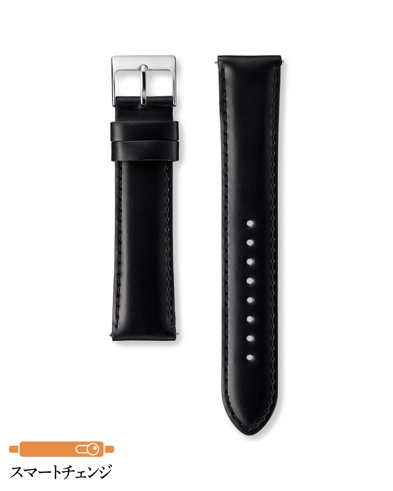 Black leather watch strap shown in two pieces with a metal buckle on a white background.