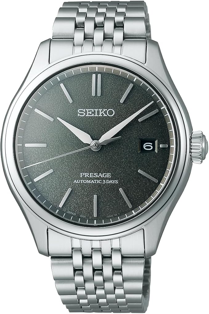 Front view of the SEIKO Presage SARX123 men's automatic wristwatch with metal bracelet, dark textured dial, and date window.