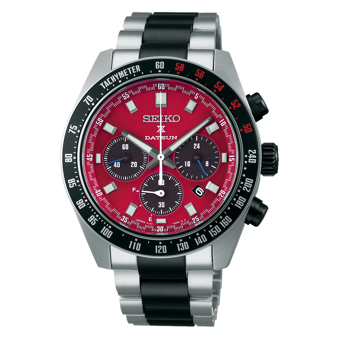 Close-up photo of the watch showing a red dial and metal bracelet against a black background.