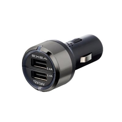 Two-port car USB charger (12V/24V) shown on a white background, displaying the cylindrical plug and dual USB ports.